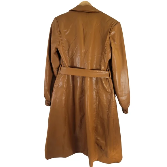 Elie Tahari Women Size M Trench Coat Faux Leather Tan Quiet Luxury Spring Preppy - Picture 2 of 7